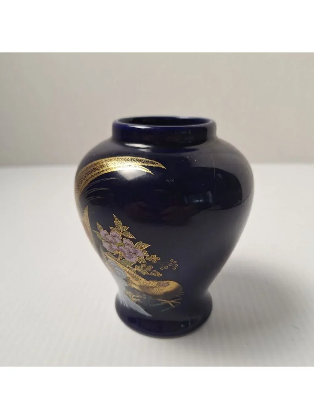 VTG KUTANI JAPANESE PORCELAIN COBALT BLUE VASE GOLDEN PHEASANT LOTUS GOLD TRIM